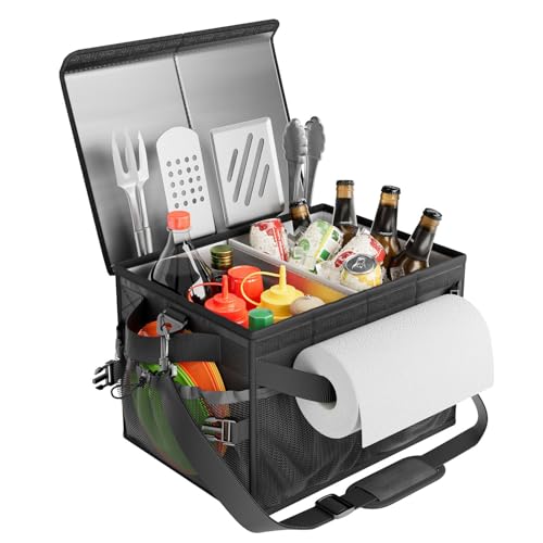 FANGSUN Grill Caddy with Lid, Foldable BBQ Caddy with Paper Towel Holder | 11 Compartments, Easy-Clean Aluminum Interior, 1680D Oxford Fabric, Water-Resistant, Shoulder Strap Included, Tailgating - style: Black-with lid
