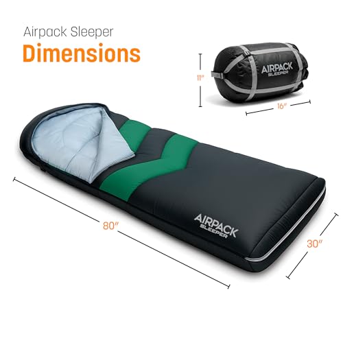 Sleeping Bag with Built-in Pad (AirPack Sleeper) - All-in-One Inflatable Sleeping Pad and Zip-Up Blanket for Camping with Built-in Foot Pump (Black/Green) 80"×30" - color: Black