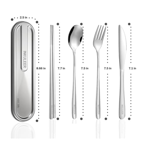 iNKULEER Travel cutlery set, 18/8 stainless steel cutlery, Reusable utensils set with case, Portable Silverware Lunch Box for Camping and Office-Stainless steel - color: Brushed Silver