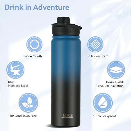 HASLE OUTFITTERS Insulated Water Bottle 22 oz Double Wall Stainless Steel Water Bottle Wide Mouth with Straw Lid & Spout Lid Keeps Cold or Hot(Blue Black Gradient,1) - color: Blue Black Gradient, size: 22 Ounces
