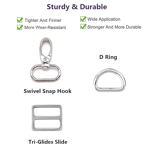Goyunwell 1-1/2 inch Swivel Snap Hooks & D Rings Tri-Glide Silde for Bag | Purses Handbag Backpack Shoulder Bag Dog Collar Webbing Pet Leashes Keychain Lanyard Strap Craft Making Metal Buckles 5 Sets - color: Silver, size: 1-1/2 inch