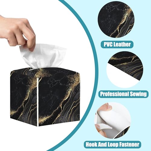 Black Golden Marble Tissue Box Cover Square,Leather Tissue Holder with Bottom Belt,Waterproof Facial Paper Organizer Tissue Box Cover for Home Office Bathroom Vanity Countertop,5.2" x 5.2" x 5.2" - color: Black Golden Marble