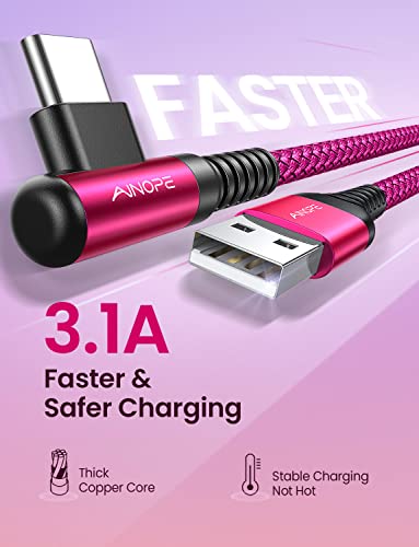 AINOPE Type C Cable [2-Pack, 6.6ft] 3.1A Type C Charger Fast Charging Right Angle, Resistant Nylon Braided S9 Charger Compatible with Galaxy S10 S9 Plus S21, Note 10 9 LG, USB C Cable - color: Rose, size: 6.6FT+6.6FT
