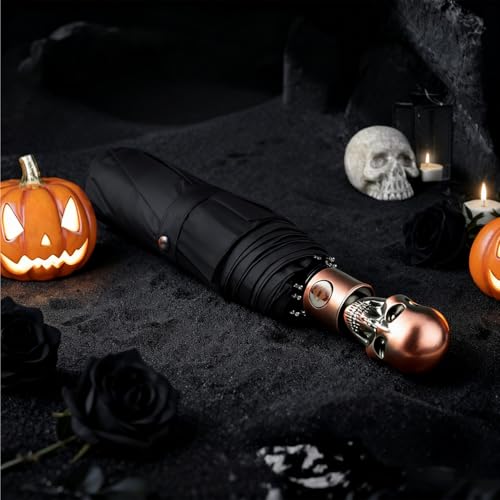 Skull Handle Windproof Travel Umbrella Compact Portable, Auto Open Close | Luxury Gothic Skull Grip with One-Touch Automatic Open, Wind Resistant and Sturdy for Rain, Lightweight to Carry Daily - color: 04.Black