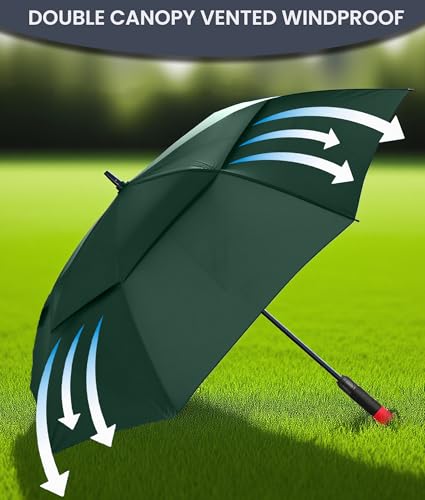 62/68/72 Inch Large Golf Umbrella Windproof Waterproof Auto Open | Oversized Double Canopy Vented, 210T Waterproof Pongee Fabric, Light Fiberglass Frame, Unique Red Foam Handle - color: Green-Red Handle, size: 68"
