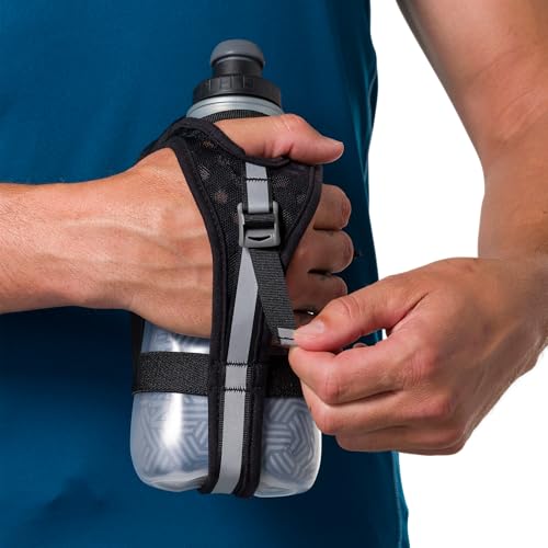 Nathan SpeedDraw 2 Insulated Handheld Running Water Bottle Flask 18oz – Double-Wall Insulation, Ergonomic Grip, Blast Valve Cap, Phone & Key Storage Pockets, Reflective Design - color: 18oz Clearview - Black