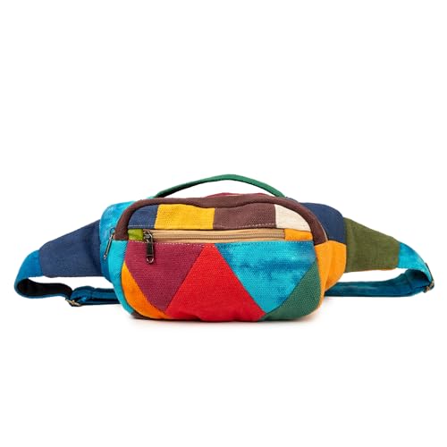 Freakmandu Eco-Friendly Boho Hippie Style Hemp Fanny Pack White Hip Waist Bag for Hiking Running Jogging - color: Geometric Mix