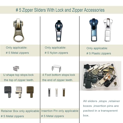 Zipper Repair Kit 39 Pcs, #5 Sliders with Pull, Metal Zippers Retainer Box,Insertion Pin 6 Sets, Replacement Zip Bottom/Top Stop, Metal, Plastic, Nylon Coil Zippers Head FIx on Jaceket