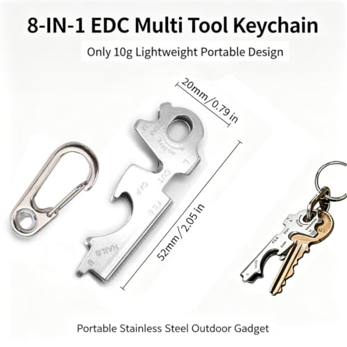 8-in-1 Stainless Steel EDC Keychain Multitool with Tweezers, Screwdrivers, Bottle Opener, Rope Cutter & Nail File, Key Sized Mini Tool for Home Camping Daily Carry, 1 Pack (Silver) - color: Silver