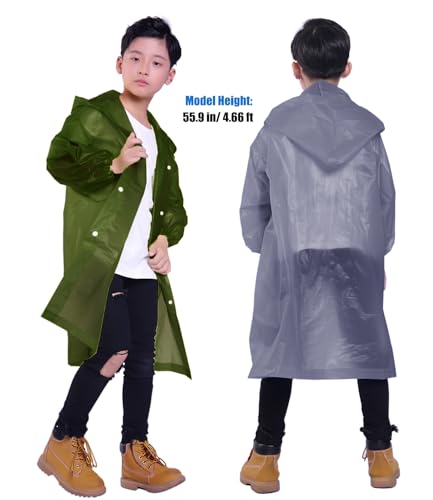 Kids Rain Jacket, 2 Pack Rain Ponchos for Kids - Reusable Raincoats for Boys and Girls Waterproof Outdoor Rain Gear - color: N: Olive + Gray