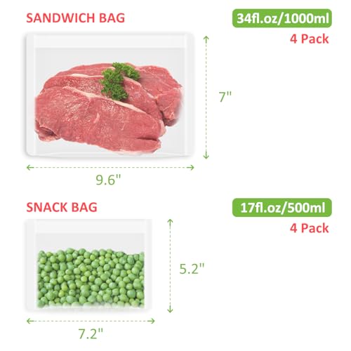 Reusable Sandwich Bags & Snack Bags Set, 8 Pack, 100% Silicone Reusable Storage Bag, Soft Shell Ziplock Silicone Food Storage Containers, Freezer Microwave Oven Dishwasher Safe, Translucent - color: Translucent | S+XS | 8 Pack Flat