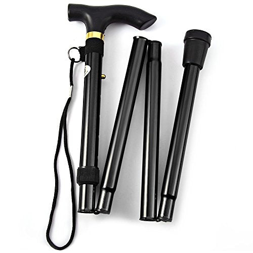 Folding Lightweight Walking Stick - Adjustable Aluminum Metal Collapsible Travel Cane with Non-Slip Rubber Base - color: Black