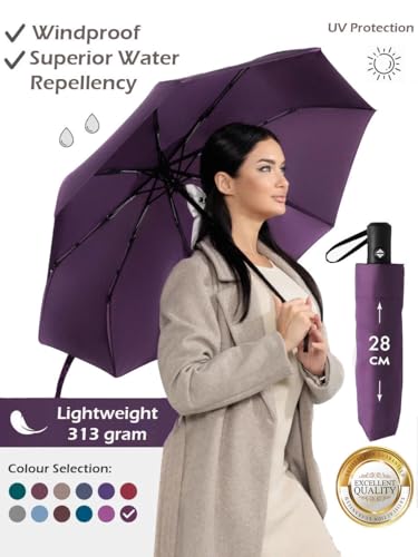 Windproof Travel Umbrella - Compact, Light, Full Automatic Open/Close - Folding Backpack Umbrella for Rain & Sun UV Preotection For Men & Women, Unbreakable 8 Fiberglass Ribs UK Design - color: Mulberry