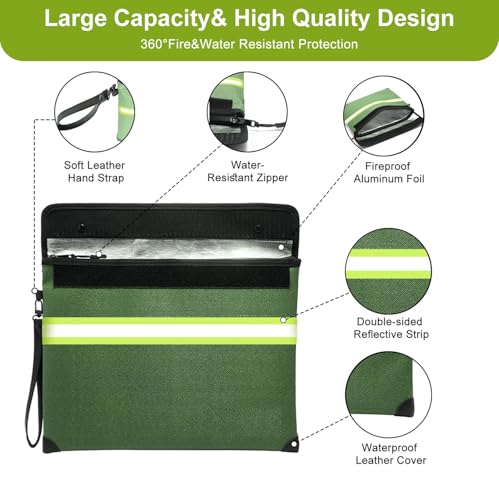 Upgraded Fireproof Money Bag, 10 Layers of Heat Insulated Materials, 6500F Fireproof, Waterproof Zipper, Reflective Strip, Document Bag with Handle for Cash, Important Documents - color: Deep Green, size: Medium Size