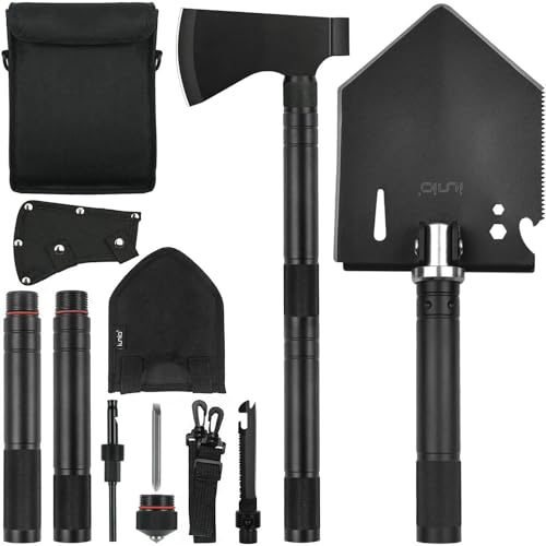 iunio 28in Survival Shovel Multitool with 17in Camping Axe & Carrying Bag, Military Entrenching Tool with Pickaxe, Collapsible Spade for Car Emergency Off-Road Trenching Gardening Snow - size: 28in Shovel+ 17.7in Axe