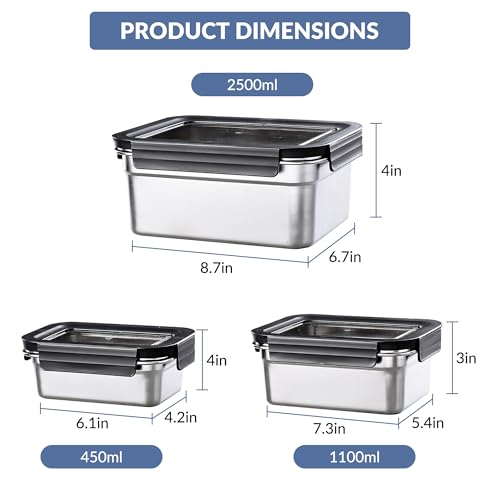 3Pcs 304 Stainless Steel Food Storage Containers with Lids, Nestable & Stackable, Leak-Proof Silicone Seal, 2500ML+1100ML+450ML, Dishwasher Safe, Straight Edge Black, Reusable Lunch Boxes for Meal Pre