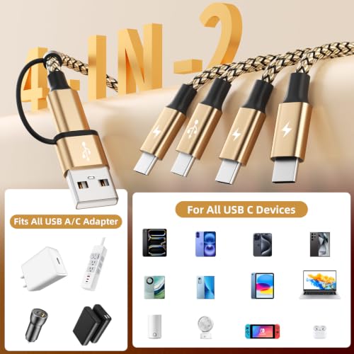 Travel 4 in 2 USB C Charging Cords,Universal Charging Cable for All Devices | Four Type C Ports Mulit Charging Cable,Travle Charger Cord for iPhone 15-17/Galaxy/Tablets/PS,Gold - color: Dark Gold & Black