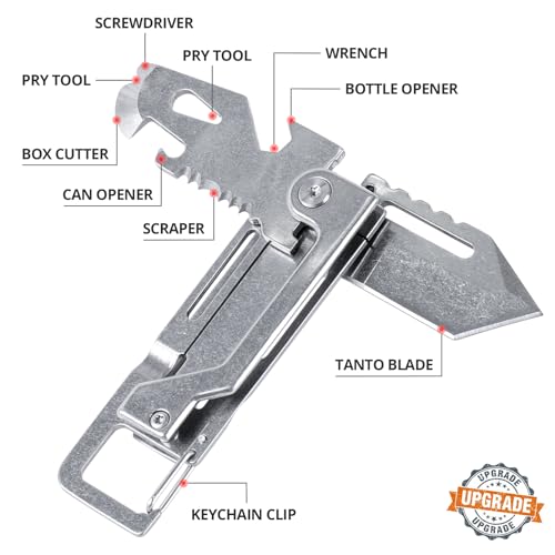 EDCFANS Keychain Multitool Knife, Multi Tools Keychains, Fathers Day Dad Gifts for Men, Tanto Pocket Knives with Clip, Bottle Opener, Box Cutter, Pry Bar, Screwdriver Wrench, EDC Hiking Camping Gear - style: silver keychain mutitool knife