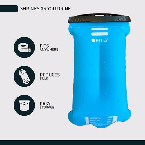 FITLY Soft Flask - Shrink As You Drink Soft Water Bottle for Hydration Pack - Folding Water Bottle Ideal for Running, Hiking, Cycling, Climbing & Rigorous Activity - color: Blue, size: 60 Ounces