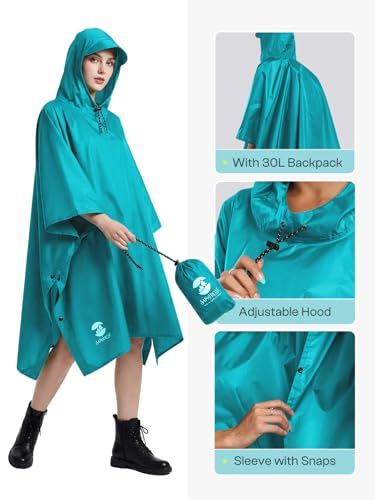 SaphiRose Hooded Rain Poncho Waterproof Raincoat Jacket for Men Women Adults - color: Algae Blue