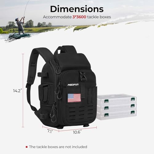Piscifun Fishing Tackle Backpack, Rod & Gear Holder, Water-Resistant | 15L storage, breathable padding & adjustable shoulder straps, MOLLE panel, Black - color: Black, size: Standard
