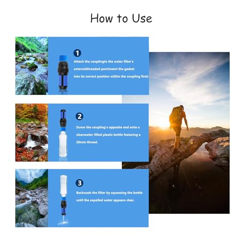 1 Pcs Water Filter Coupling, 5 Pcs Filter Cleaning Gasket With Seal Kit, Compatible with 28mm External Threaded Water Filters and Standard Plastic Bottles for Mountaining Hiking Camping (6)