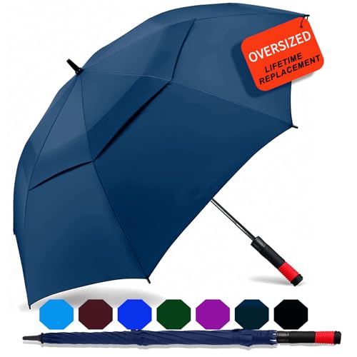 62/68/72 Inch Large Golf Umbrella Windproof Waterproof Auto Open | Oversized Double Canopy Vented, 210T Waterproof Pongee Fabric, Light Fiberglass Frame, Unique Red Foam Handle - color: Navy Blue-Red Handle, size: 62"