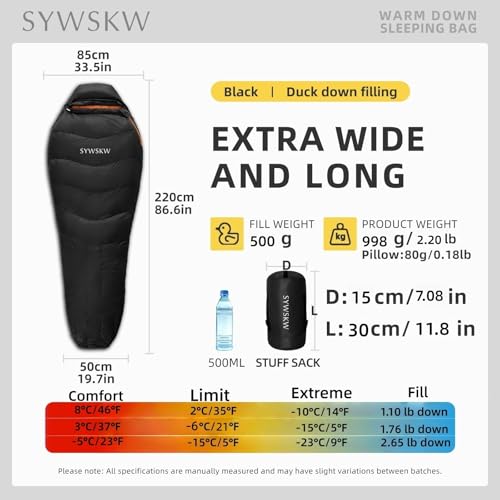 Down Sleeping Bag with Pillow for Backpacking,15℉ 5℉ 0℉ Wide Down Sleeping Bag (86.6 in x 33.5 in) for Adults,Youth Camping and Hiking Outdoor with 680FP Duck Down - color: Black (500g filling down)