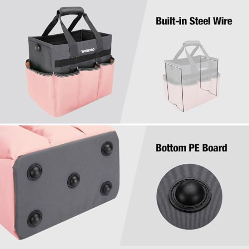 WORKPRO Garden Tool Bag, 10 Pockets and Shoulder Strap, Pink | Heavy Duty Gardening Organizer Tote Bag Standable Garden Home Tool Kits Organizer (Tools are not Included) - color: Pink
