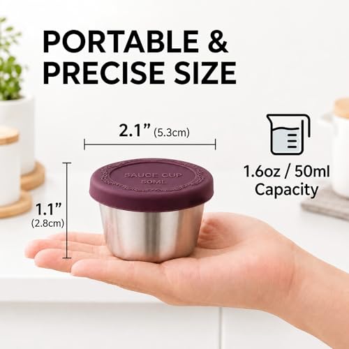 1.6 oz Salad Dressing Containers with Lids Set of 6 - Leakproof Reusable Stainless Steel Condiment Containers Small Sauce Cups with Silicone Lids for Lunch Boxes Picnics Travel Meal Prep - size: 1.6oz
