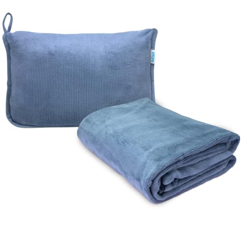 Bliss Faille Travel Pillow & Blanket Set, 2-in-1, Compact - color: Denim Blue