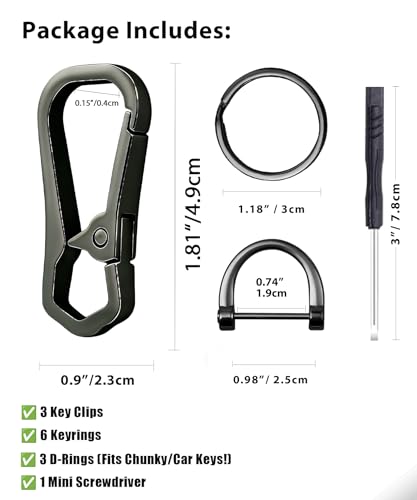 Metal Key Chain Carabiner Clip with Key Ring and D Ring | Heavy duty build, full accessory packs, quick release, multi purpose hook, belt loop holder, separate home and car fob sets - color: 3 Pcs Black