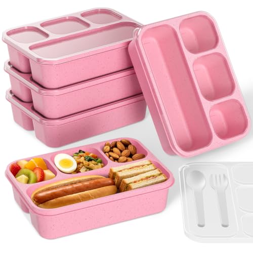 Bento Box 5-Pack, 4-Compartment Lunch Box for Women, Men & Kids, BPA-Free Wheat Straw Snack Containers, Ideal for Meal Prep, Travel, School, Work (Pink) - color: Pink