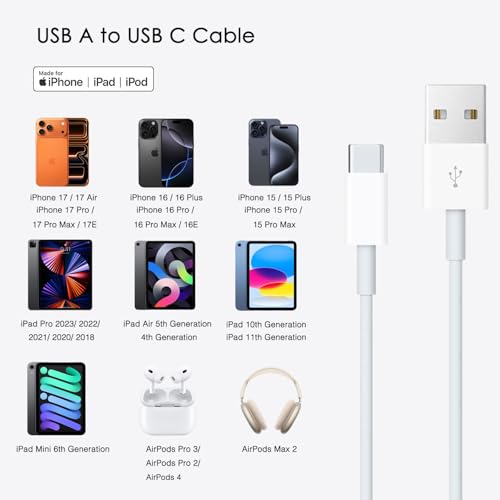 Short USB C Car Carplay Cable, 20 inch USB A to USB C Cable for iPhone 15/16/16E/17E Pro Max,15 16 Plus,Air,iPad 10th Gen,iPad Pro 12.9/11, Air 5th/4th Gen Charger Cord,Phone Car Charging Cord(1.5ft) - color: White, size: 1.5FT, style: USB A to USB C (for