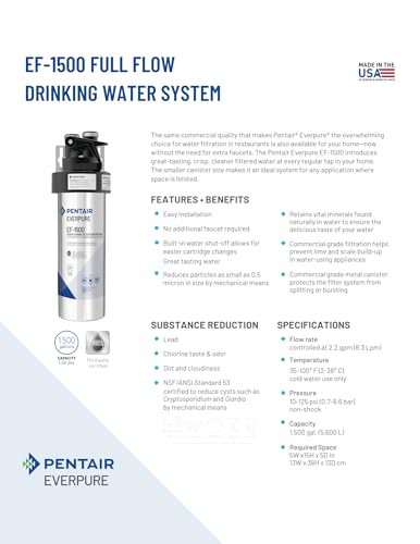 Pentair Everpure EF-1500 Full Flow Drinking Water System, EV985800, NSF Certified to Reduce Lead, Includes Filter Head, Cartridge, and All Hardware, 1,500 Gallon Capacity, 0.5 Micron - size: 1,500 Gallon, style: System