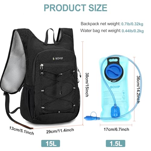 BOVIP Lightweight Hydration Back,15L Multipurpose Hiking Backpack with 1.5L Water Bladder ,Hydro Water Daypack for Cycling Hiking Rave for Men Women - size: Black