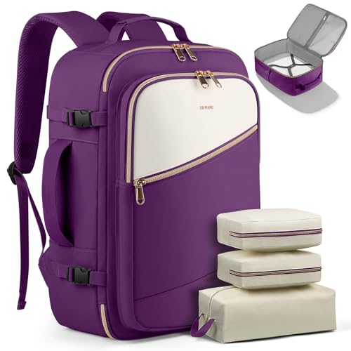 HOTOR Travel Backpack Women, 3 Packing Cubes Carry on Luggage - color: Dark Purple, size: 17.3" x 13.0" x 7.9"