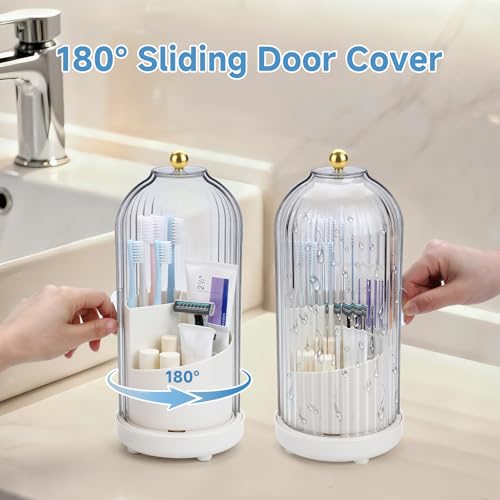 Toothbrush Organizer with Cover,3 Slots for Bathroom Toothbrush Holders with Lid,Dustproof Design,Rotating Holder,Ideal Makeup Brushes Holder for Bathroom Countertop Organization and Storage