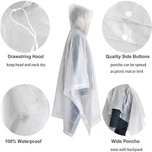 UPSEN Rain Ponchos for Adults, 2 Pcs Reusable Raincoats Coats Jackets Emergency for Women Men with Hood - color: White