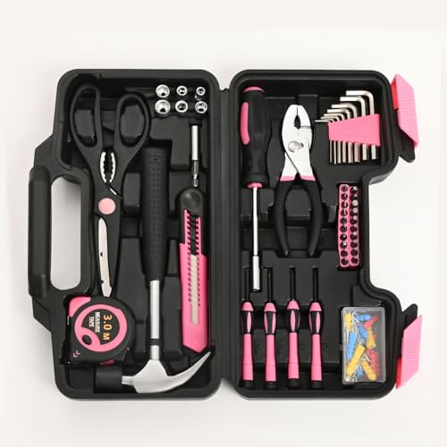 HANGYING 132-Piece Home Tool Kit for Women with Plastic Toolbox Pink | All Purpose Home Repair Tool Set with Storage Case, Women Small Tool Kit, Garage Office College Dorm & DIY Projects Use - color: Light Pink