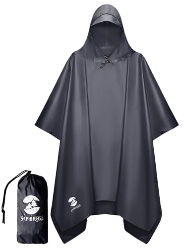 SaphiRose Hooded Rain Poncho Waterproof Raincoat Jacket for Men Women Adults - color: Grey
