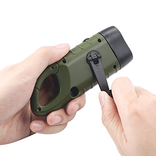 Simpeak Hand Cranking Solar Powered Flashlight, Rechargeable Emergency LED Flashlight Carabiner Dynamo Quick Snap Clip Backpack Flashlight Torch for Outdoor Camping Climbing Hiking (Green) - color: Green