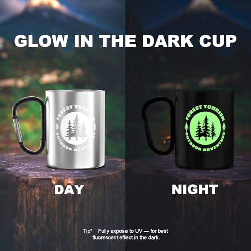 Glow-in-The-Dark Stainless Steel Camping Mug with Carabiner Handle | Double-Wall Vacuum Insulated, Compact & Lightweight 9.5oz Cup for Hiking, Backpacking - color: Black