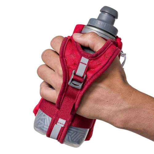 Nathan SpeedDraw 2 Insulated Handheld Running Water Bottle Flask – Double-Wall Insulation, Ergonomic Grip, Blast Valve Cap, Phone & Key Storage Pockets, Reflective Design - 12oz Insulated - Ribbon Red - color: Ribbon Red 12oz Insulated
