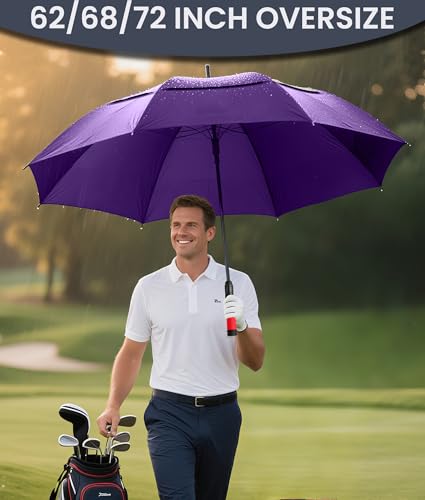 62/68/72 Inch Large Golf Umbrella Windproof Waterproof Auto Open | Oversized Double Canopy Vented, 210T Waterproof Pongee Fabric, Light Fiberglass Frame, Unique Red Foam Handle - color: Purple-Red Handle, size: 68"