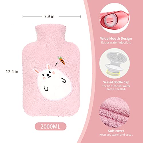 Hot Water Bottle with Cute Fleece Cover for Warm Compress, Pink Rabbit - style: Pink Rabbit