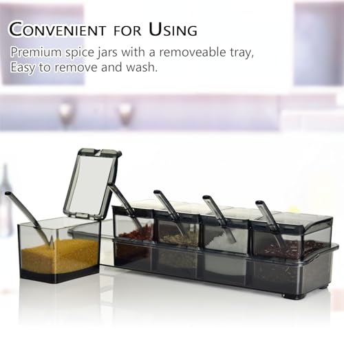 V·RESOURCING Clear Seasoning Box, 5 Pieces Clear Seasoning Storage Container for Spice Salt Sugar Cruet,Condiment Jars with Spoons - color: Black, size: 5 Boxes