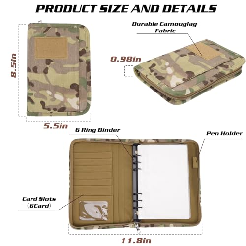 Military Padfolio Ring Binder with 80 Sheets 160 Pages of Leaf Paper, Military Notebook with Zippered Padfolio Organizer, Refillable Tactical Notebook 6-Ring A6 Notebook Paper (6.7" x 4.1") - size: Small (A6 - 4.1in x 6.7in)