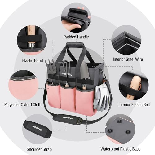 WORKPRO Garden Tool Bag, 10 Pockets and Shoulder Strap, Pink | Heavy Duty Gardening Organizer Tote Bag Standable Garden Home Tool Kits Organizer (Tools are not Included) - color: Pink