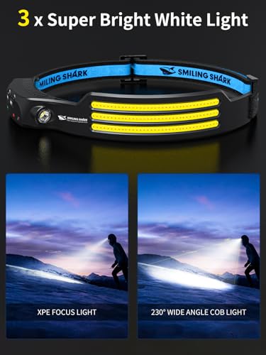Smiling Shark Headlamp, 230°Wide Angle 3*White Light Strips The Brightest Head Lamp Rechargeable with Motion Sensor Waterproof Headlight for Camping Hiking Outdoor